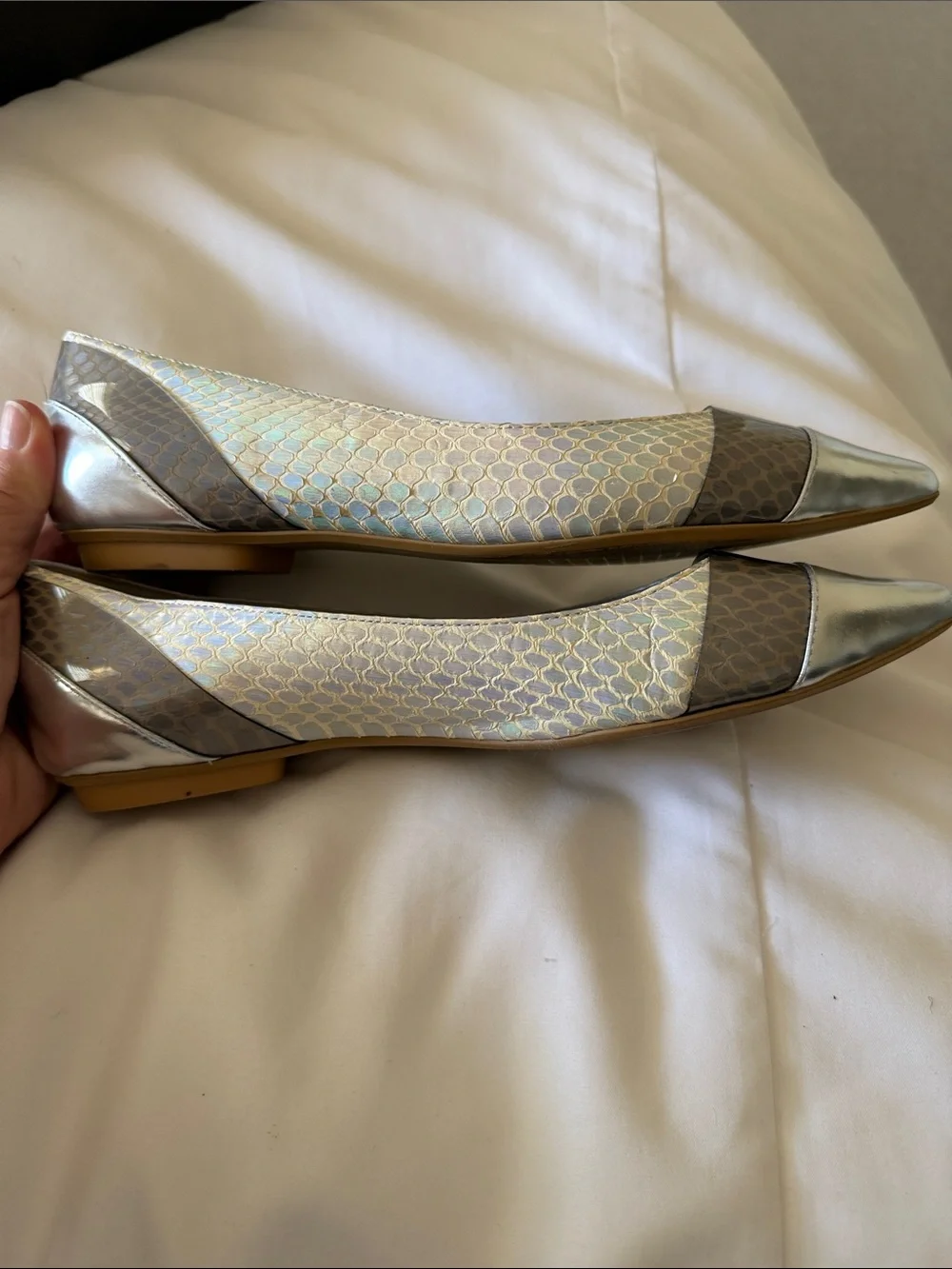 Elie Tahari Silver Pointed Flats with Snake-Print Band